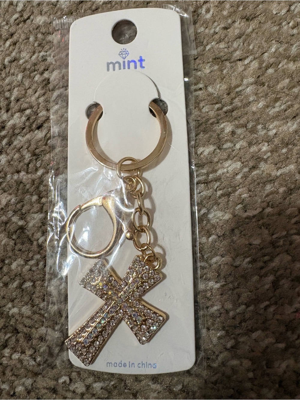 Mint Gold Crystal Cross Key & Bag Charm